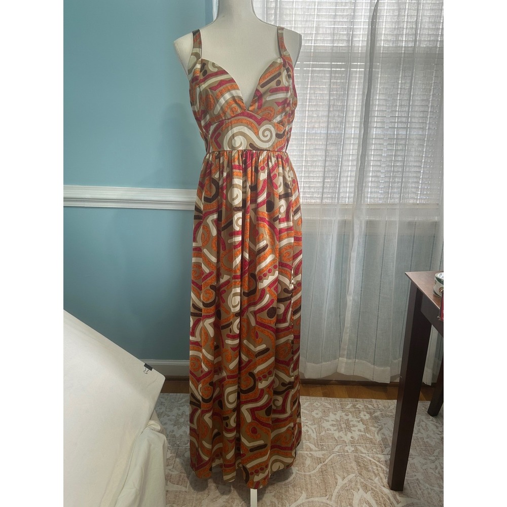It's Retro Geometric Swirl Print Maxi Dress Orange Brown‎ Pink Plus Size 1X